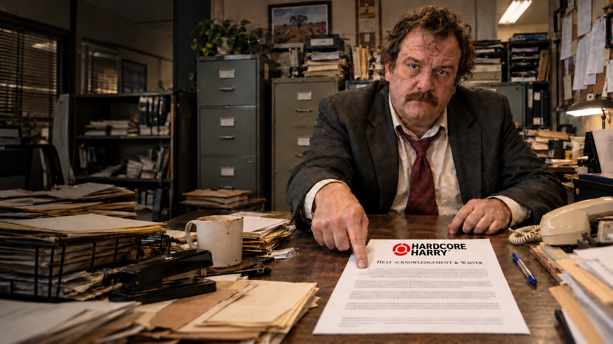 A lawyer in a cluttered office points to the Hardcore Harry heat acknowledgement and waiver