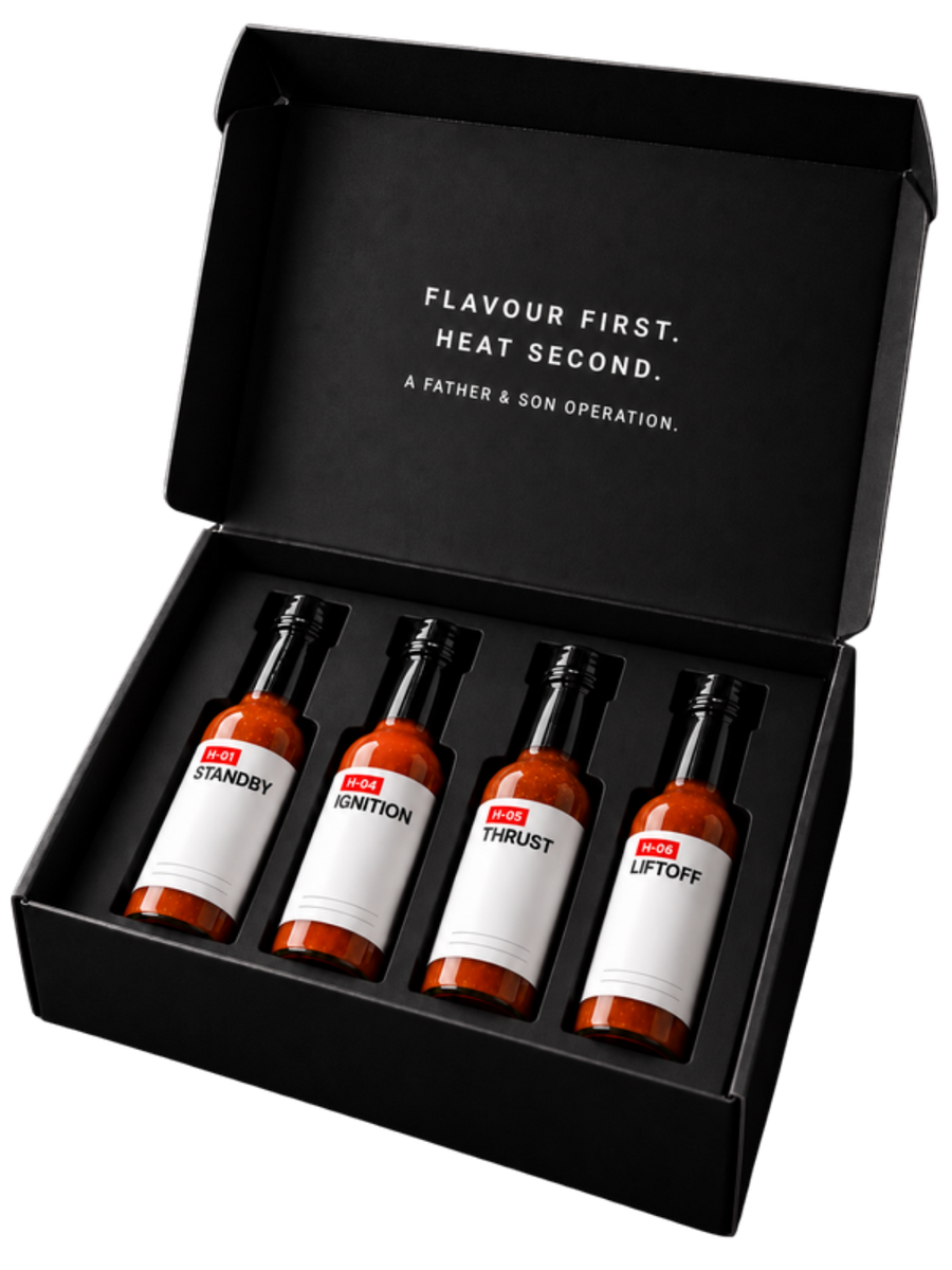 The Hardcore Harry Four-Pack: four hot sauces in a gift box