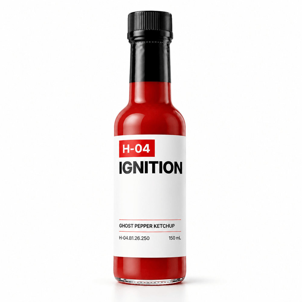 H-04 IGNITION Ghost Pepper Ketchup, 150 ml glass bottle, front label