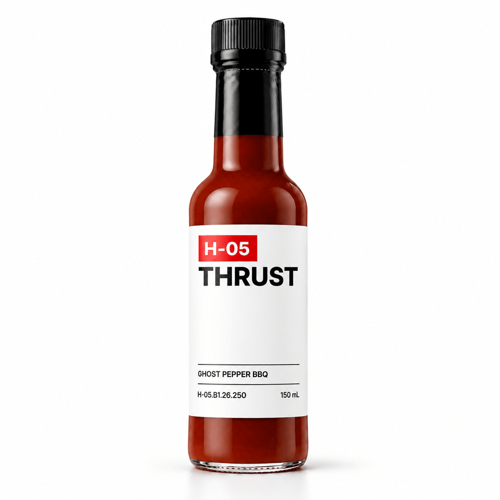 H-05 THRUST Ghost Pepper BBQ, 150 ml glass bottle, front label